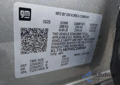 2025 Chevrolet Trax Fwd Lt from USA, damaged, VIN KL77LHEP4SC248969